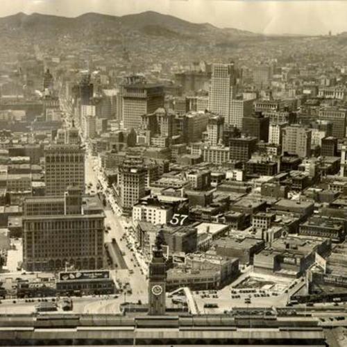 [Aerial view of San Francisco, looking up Market Street from near the Ferry Building]