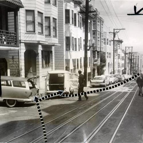 [View of Washington Street with diagram showing path of runaway cable car]