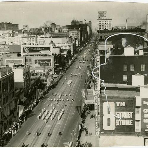 [Panoramic view of Market Street during a parade]