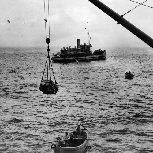 [Cargo being hoisted from a boat onto an island in the Farallones]