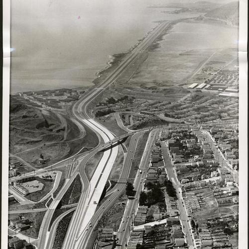 [Aerial view of Bayshore Freeway with Third Street overpass in foreground]