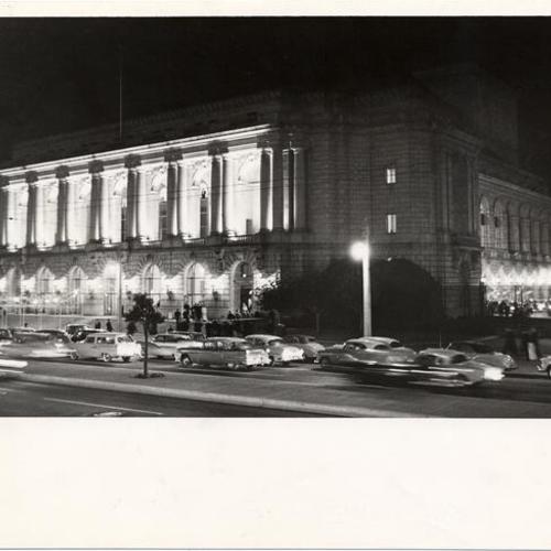 [View of War Memorial Opera House illuminated at night]