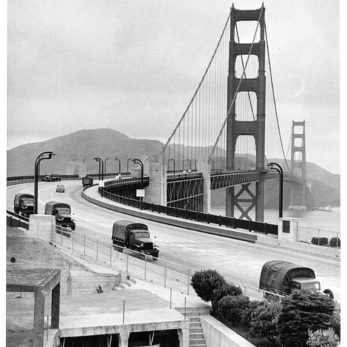 [Military trucks crossing the Golden Gate Bridge]
