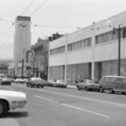[Mission Street looking west toward 11th Street, Sherman Hotel and Coca-Cola plant on conrners]