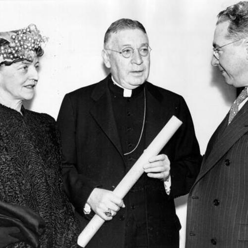 [Mrs. Marshall Madison, Archbishop John J. Mitty and Andrew Lynch, leaders of a building fund created to benefit the Home of the Good Shepherd]