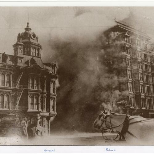 Grand Hotel (left) and Palace Hotel on fire as carriages go by
