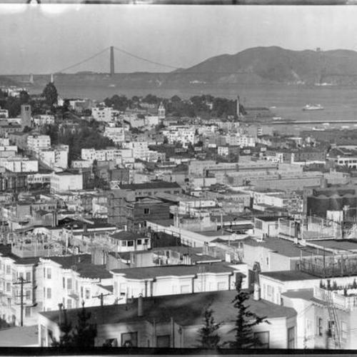 [View of San Francisco, looking west, with Golden Gate Bridge in background]
