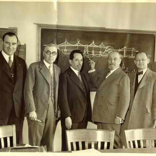 [Engineer Leon S. Moisseiff with colleagues, Earl Lee Kelly, Ralph Modjeski, Charles Derieth, Jr., and Henry J. Brunnier ]