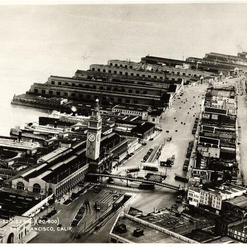 [Aerial view of Ferry Building and Embarcadero]