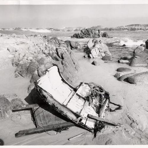 [Fishing boat wreckage found on rocks at Point Pinos on Monterey Bay]