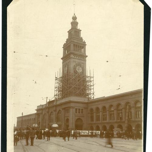 [Ferry Building under reconstruction to fix damage sustained in the earthquake and fire of April 18, 1906]
