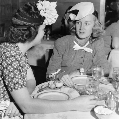[Nancy Fay and Marjorie Bronson at a Hotel St. Francis luncheon]