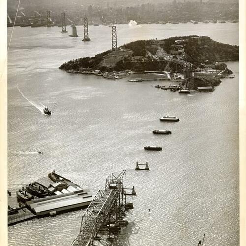 [Aerial view looking west toward San Francisco showing towers, 