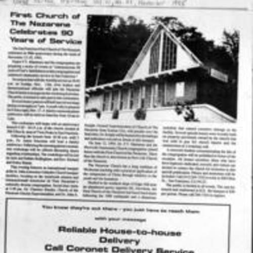 First Church of The Nazarene Celebrates 90 Years of Service; West Portal Monthly news article; 1995