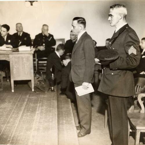[Sergeant Patrick Shannon before Police Commission (right) with Attorney John Taaffe]
