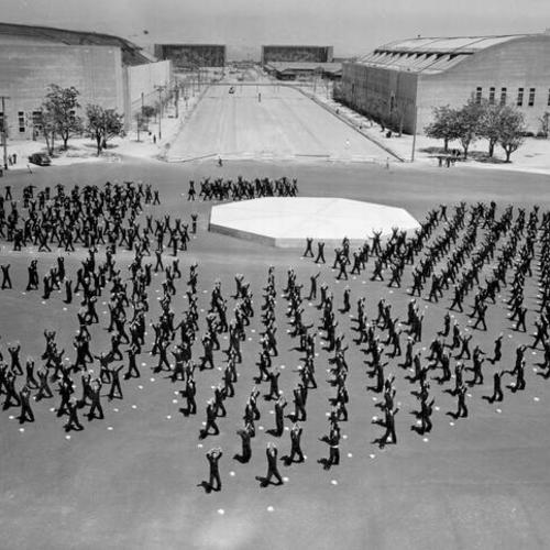 [Sailors going through mass exercises at the Navy Base on Treasure Island]