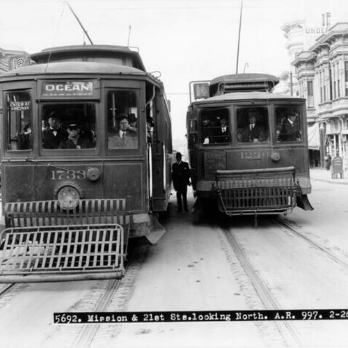 [United Railroad cars number 1236 and 1733 at Mission and 21st streets looking north]