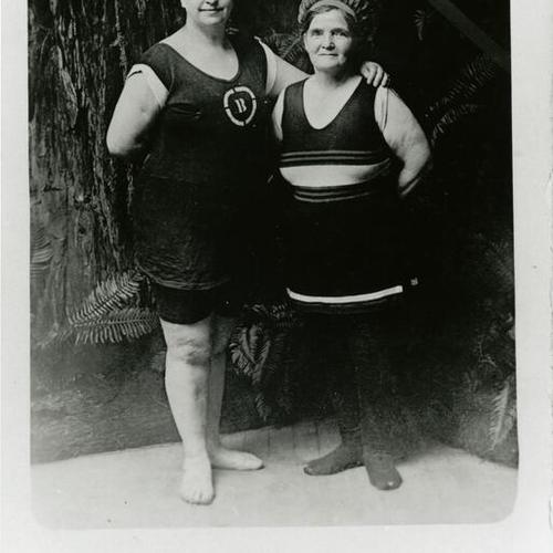 [Portrait of two women dressed in bathing suits and posing for a photo at Boyes, California]