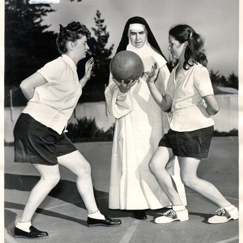 [Sister Mary of Passion supervising a basketball game at the Convent of the Good Shepherd]