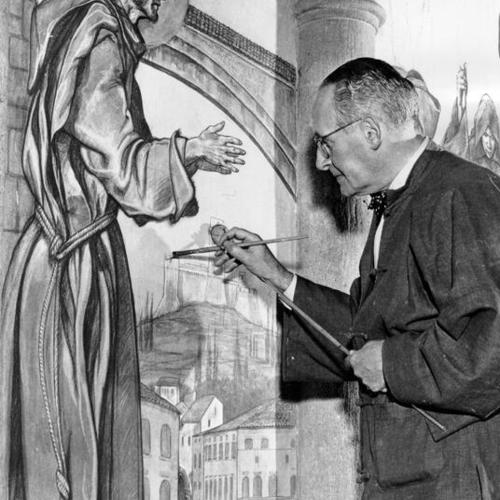 [John H. de Rosen working on a mural of St. Francis of Assisi]