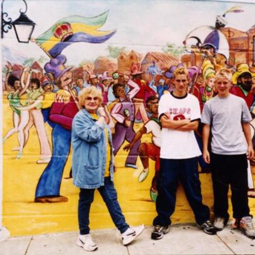 [Bernice, her grandson Nathan and friend in front of mural at Irving Street]