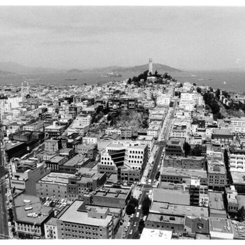 [View from the 27th floor of the Transamerica building, showing Columbus Avenue on left and Telegraph Hill and Coit Tower in right center]