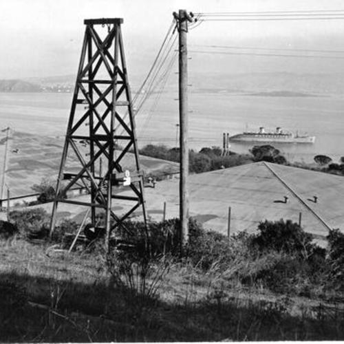 [View of two water reservoirs and Fort McDowell Army base on Angel Island]