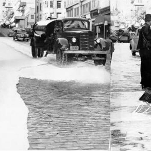 [Demonstration of a new street cleaning technique on California street]