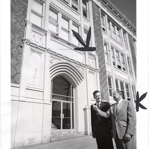 [Lyle Patton and Eugene Wood Smith inspecting exterior of Cogswell Polytechnical College at 3000 Folsom Street]