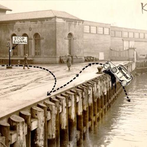 [View of a pier with drawing of an automobile falling into the water glued onto the photo]