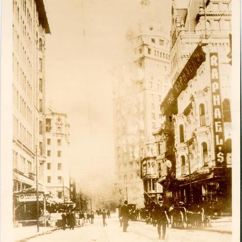 [View of Call Building burning from Kearny Street, near Geary]