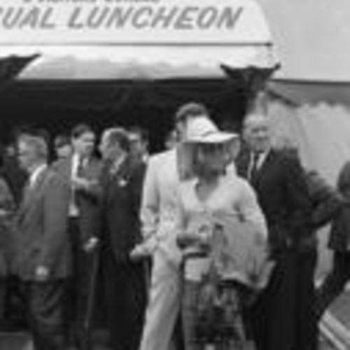 [Attendees gather under the awning of the Convention and Visitors Bureau Annual Luncheon of 1971]