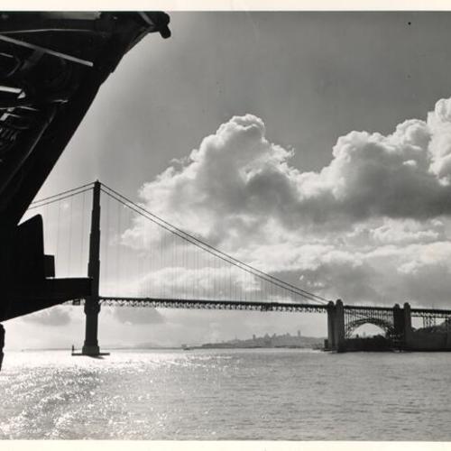 [View of the Golden Gate Bridge from the deck of a Navy destroyer]