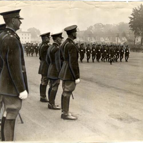 [General A. T. Smith inspecting Thirtieth Infantry troops at the Presidio of San Francisco]