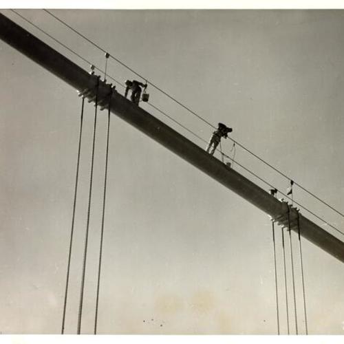 [Workers painting giant cable on the San Francisco-Oakland Bay Bridge]