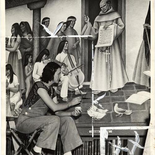 [Edith Hamlin working on a mural in the Mission High School library]