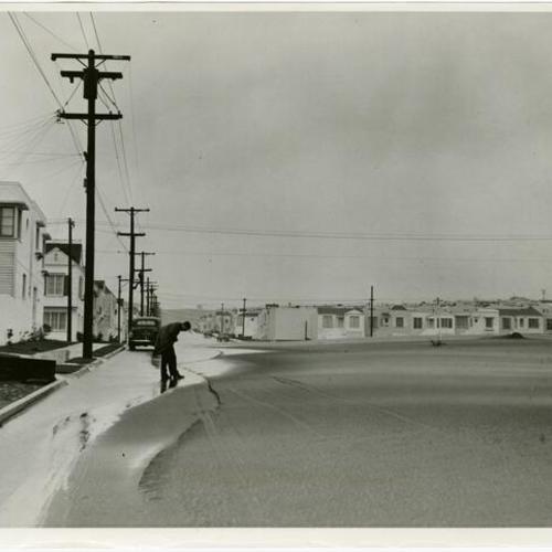 [Sand covering the intersection of 34th Avenue and Ortega Street in the Sunset District]