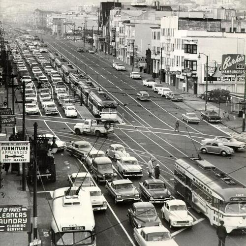 [Traffic jam stalling traffic at Market and Church Street looking west toward Twin Peaks]