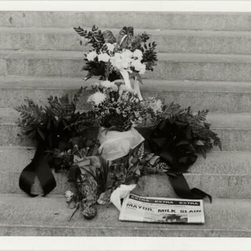 [Flowers and San Francisco Examiner put at City Hall steps, the day after the Mayor and Harvey Milk were slain]