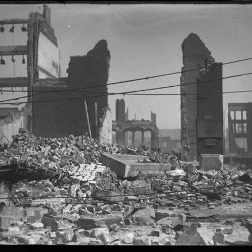 Remains of buildings and rubble after earthquake