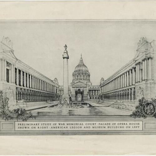 Preliminary study of War Memorial Court, facade of opera house shown on right, American Legion and museum building on left