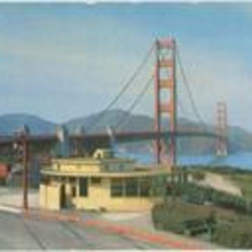 [Golden Gate Bridge with Round House Restaurant in Foreground]
