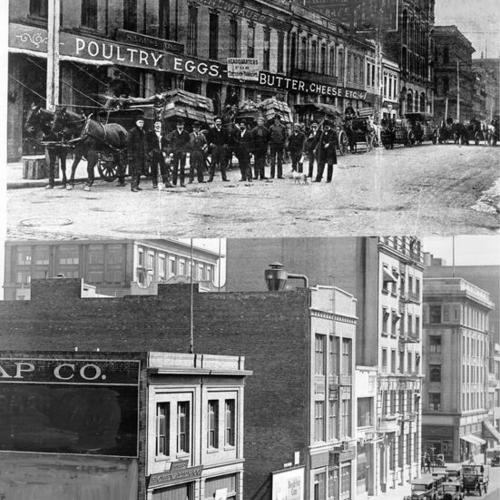 [Two views of Front Street looking south, top photo from around 1894 and lower photo from 1924]