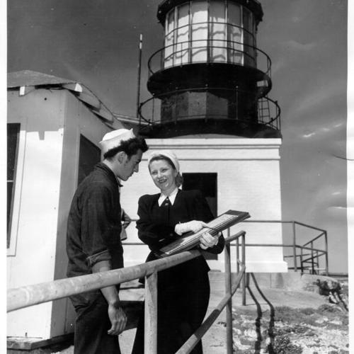 [United States Census Bureau worker Helen Leslie Mabbott interviewing Farallon Islands lighthouse keeper Thomas Riley]
