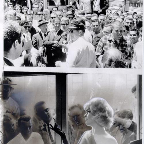 [Crowd of people in North Beach and model Jane Dunne modeling a topless suit]