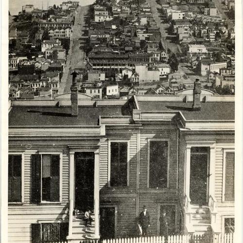 Looking east from Russian Hill to Telegraph Hill & YBI. Lombard St. to left. Columbus Ave. in valley