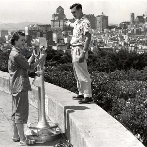 [Tourists Dwane Hodgson and Carol Lyle at observation area on Telegraph Hill]