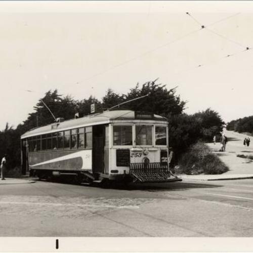 [48th avenue and Point Lobos street looking northwest at inbound #2 line car 253 emerging from private right of way]