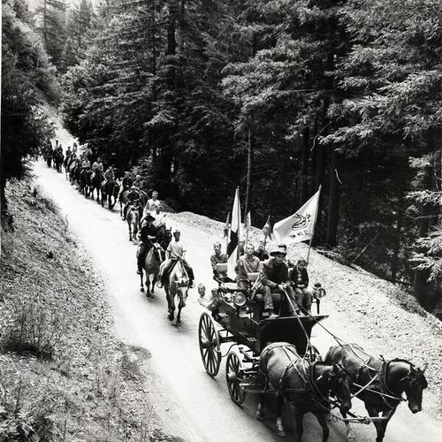 [Scouts and leaders on stagecoach and horseback during a trail ride]