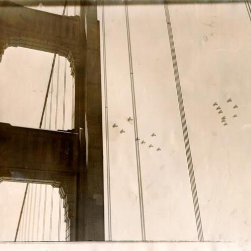 [Airplanes flying over the Golden Gate Bridge during opening day ceremonies]